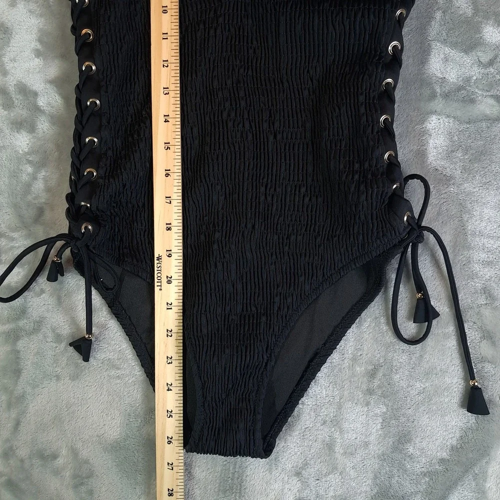 Victoria Secret Ensenada Smocked One Piece Swimsuit Medium M Black Lace Up 34777
